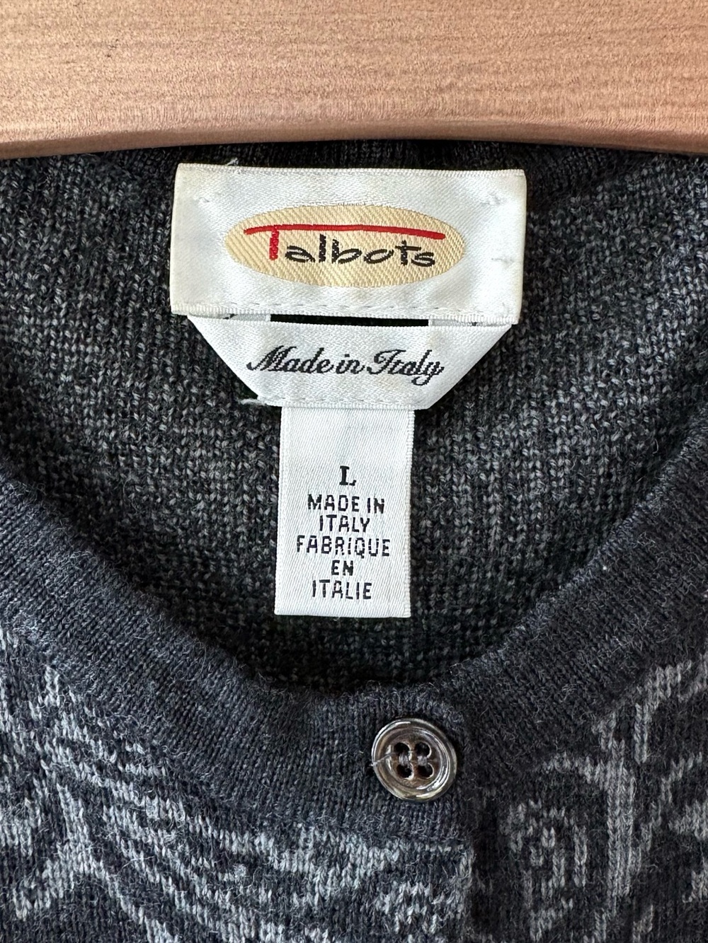 TALBOTS 100% Merino Wool Paisley Cardigan Sweater| Gray Black | Size L | Italy - Picture 4 of 6